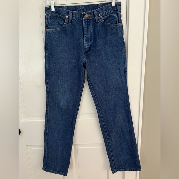 WRANGLERS Denim Straight Leg Blue Jeans Men's SIZE 33x32 Rugged Cowboy Outdoor - Picture 1 of 11